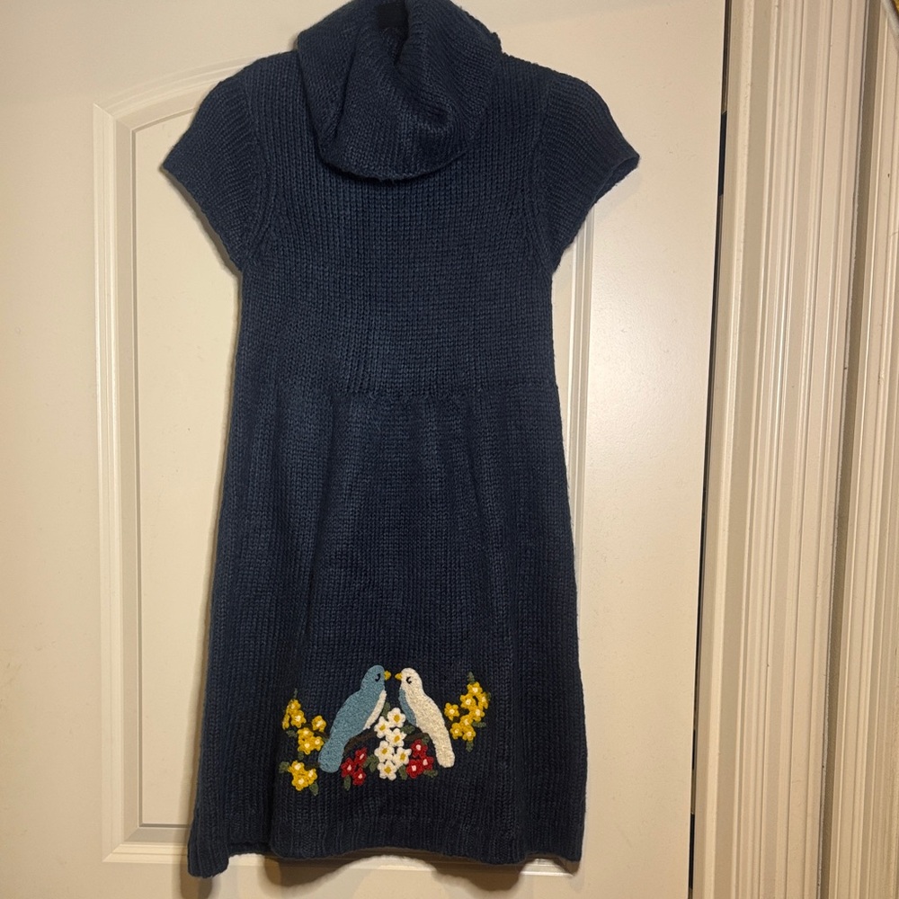 Navy Blue Knitted Dress with Bird Embroidery